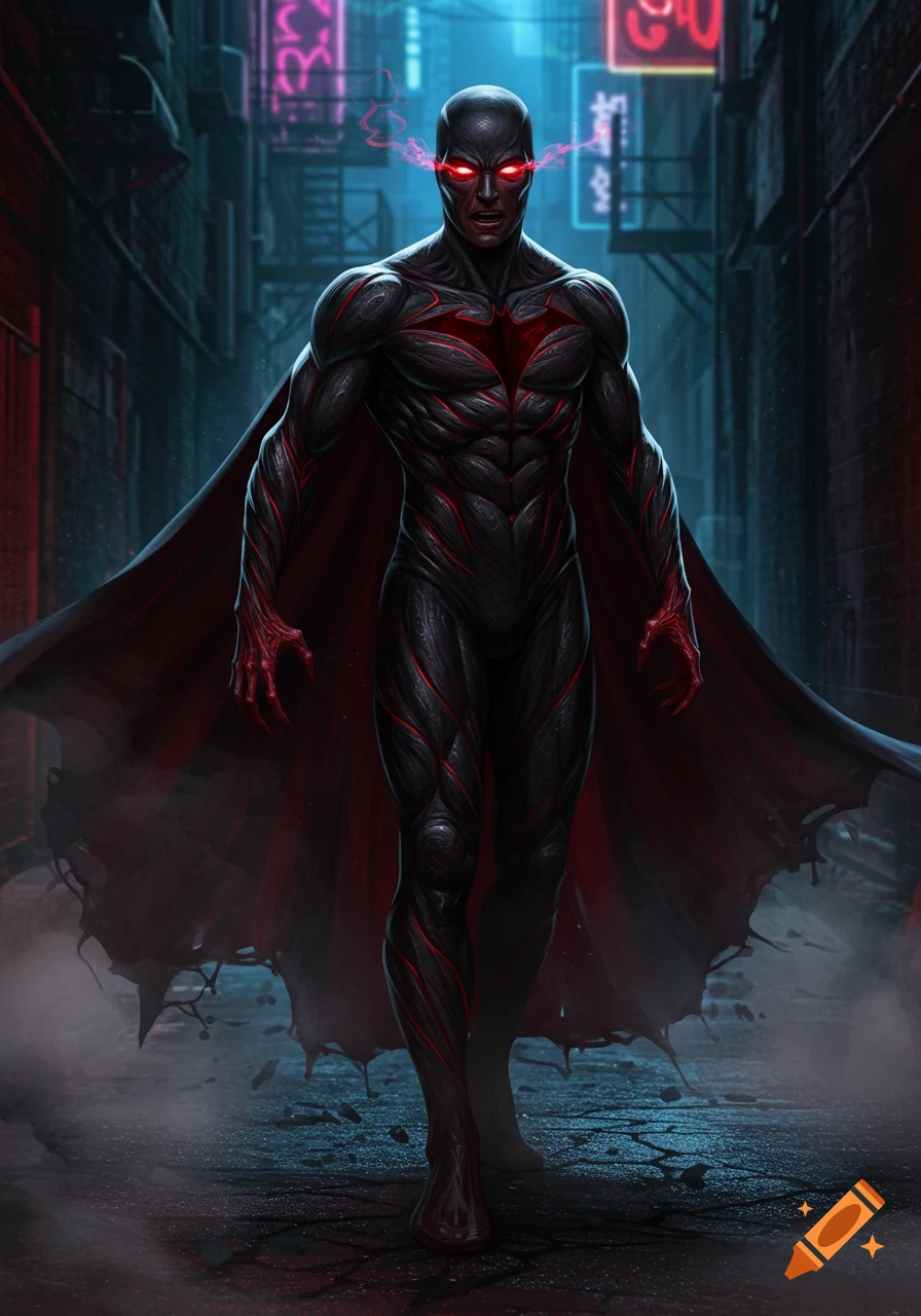 A dark superhero with glowing red eyes and a black and red suit with a flowing cape stands in a neon-lit alley.