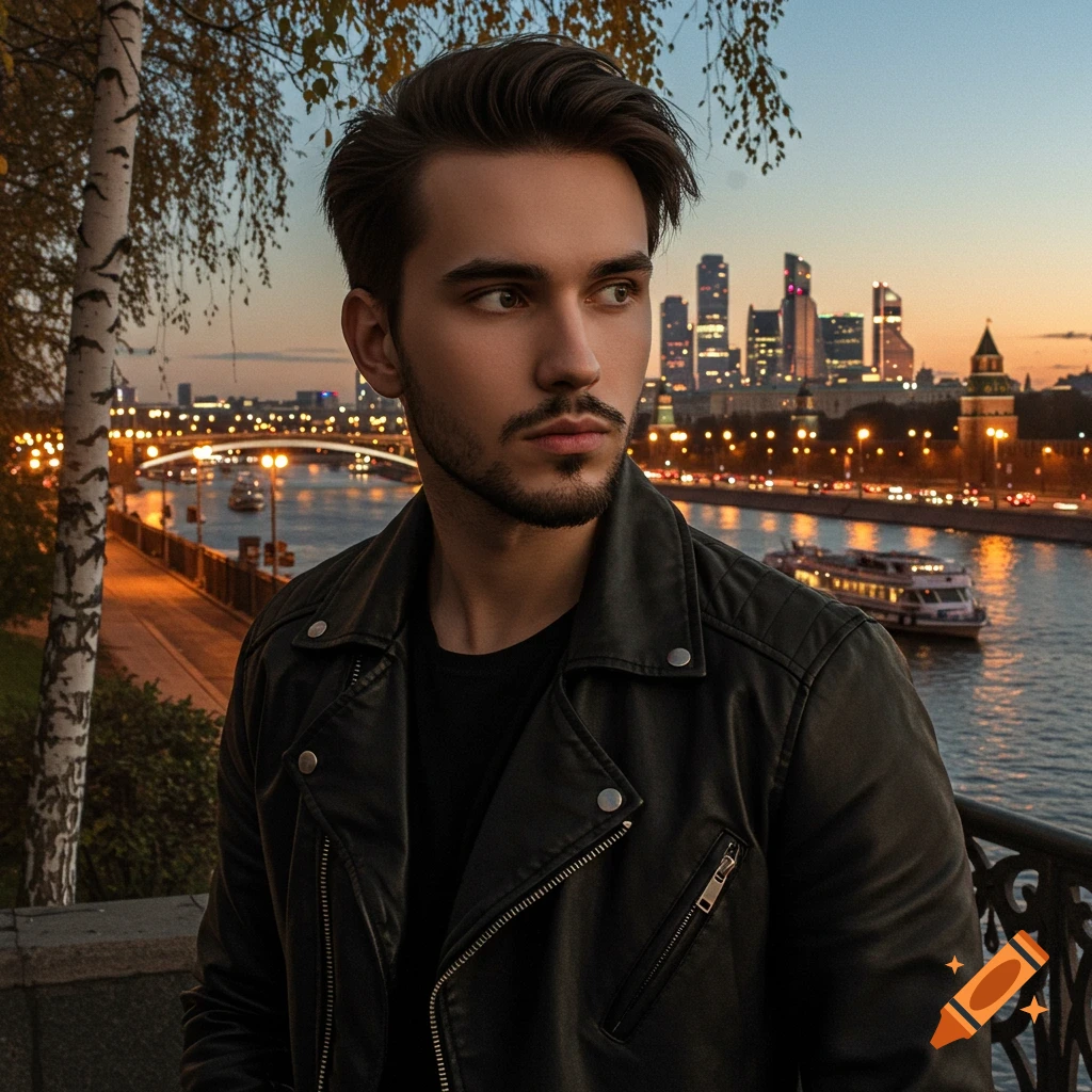 A young man with dark hair and a beard wearing a leather jacket stands against a city skyline at dusk with a river and illuminated buildings.
