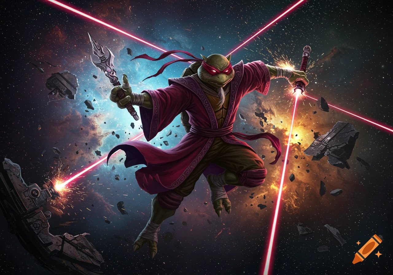 A ninja turtle-like warrior in a red robe and mask wields a sai and a lightsaber amidst asteroids and laser beams in space.