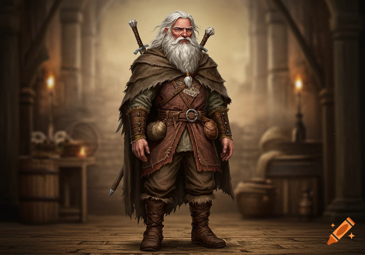 A photorealistic old man with a long white beard, gray hair, and rugged explorer's clothes with two swords, stands in a dim stone hall.