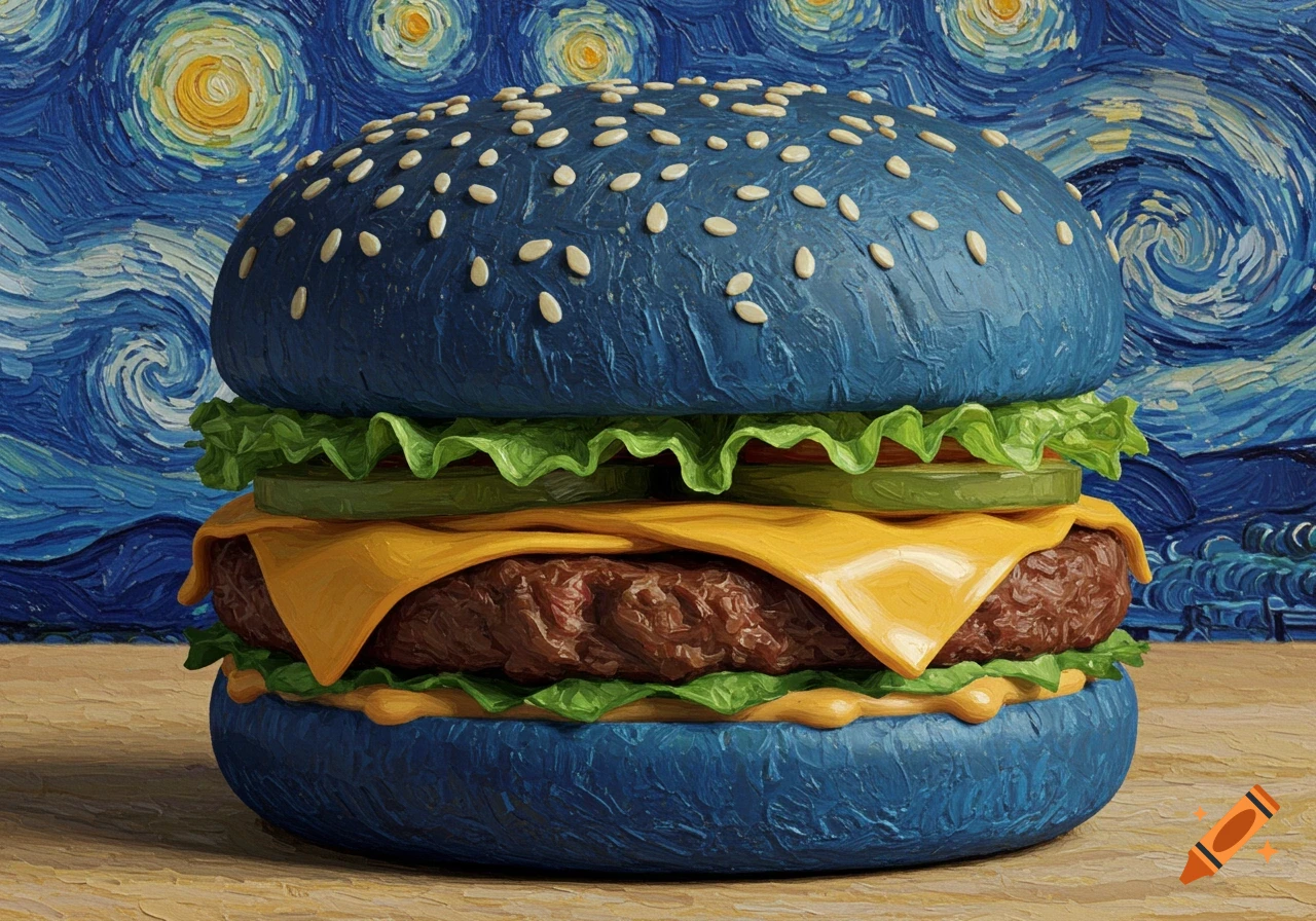 A surreal burger with dark blue buns and white sesame seeds, green lettuce, yellow cheese, and a brown patty, painted in Van Gogh's style against a swirling starry night background.