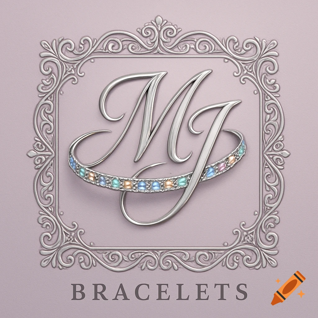 Elegant silver MJ logo with a band of colorful gems, in an ornate frame, above the word BRACELETS on a light purple background.