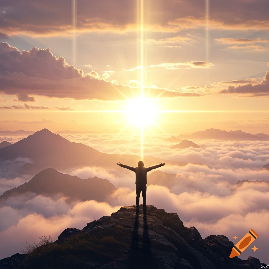 A person stands with arms outstretched on a mountain peak above clouds at sunrise, bathed in brilliant golden light.