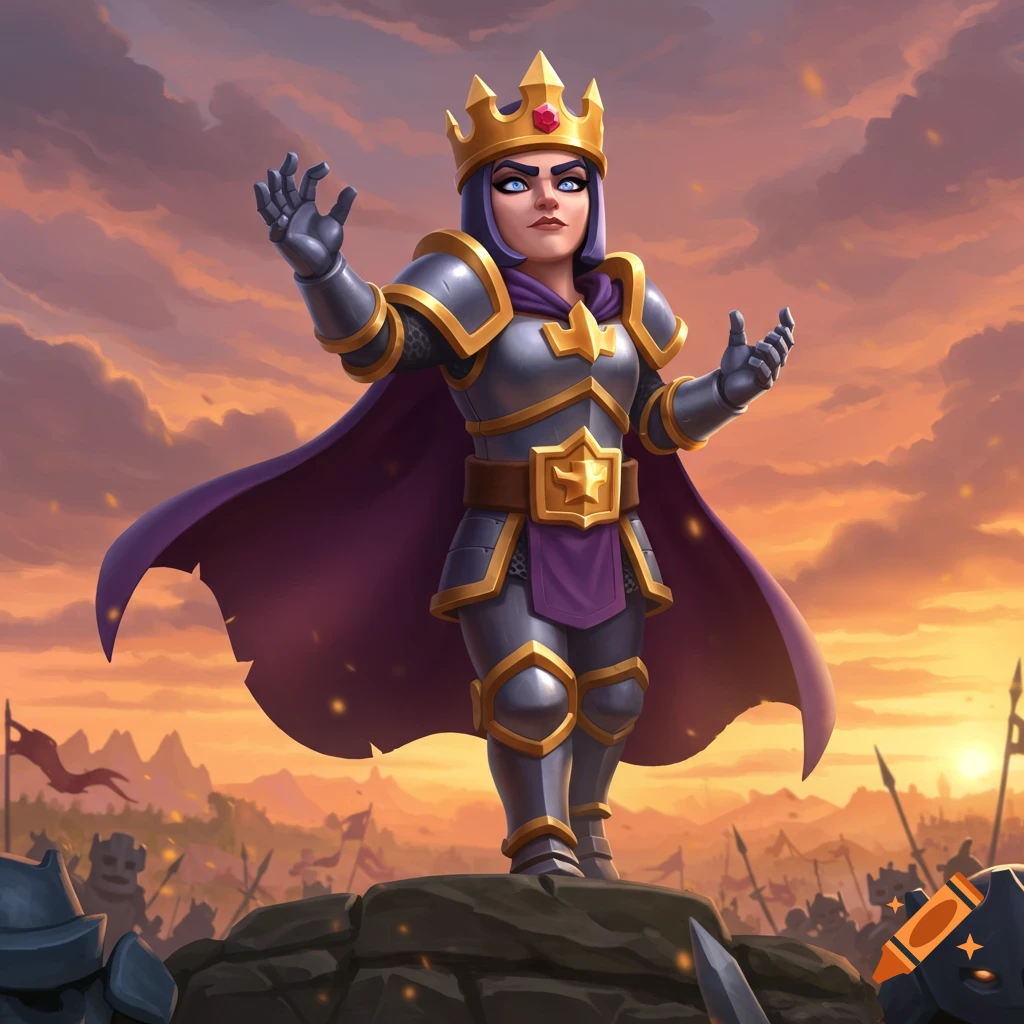 A stylized warrior queen in gold armor and a purple cape stands on rocks, overlooking a battlefield at sunset.