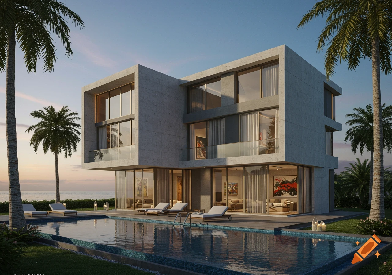 A modern concrete and glass villa with a swimming pool and lounge chairs, overlooking the ocean at sunset, surrounded by palm trees.
