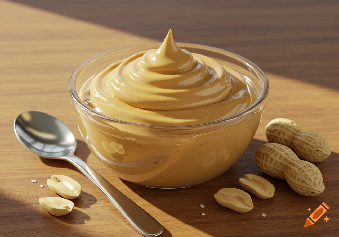 A glass bowl filled with creamy peanut butter, a spoon, and several peanuts on a wooden table, bathed in soft natural light.