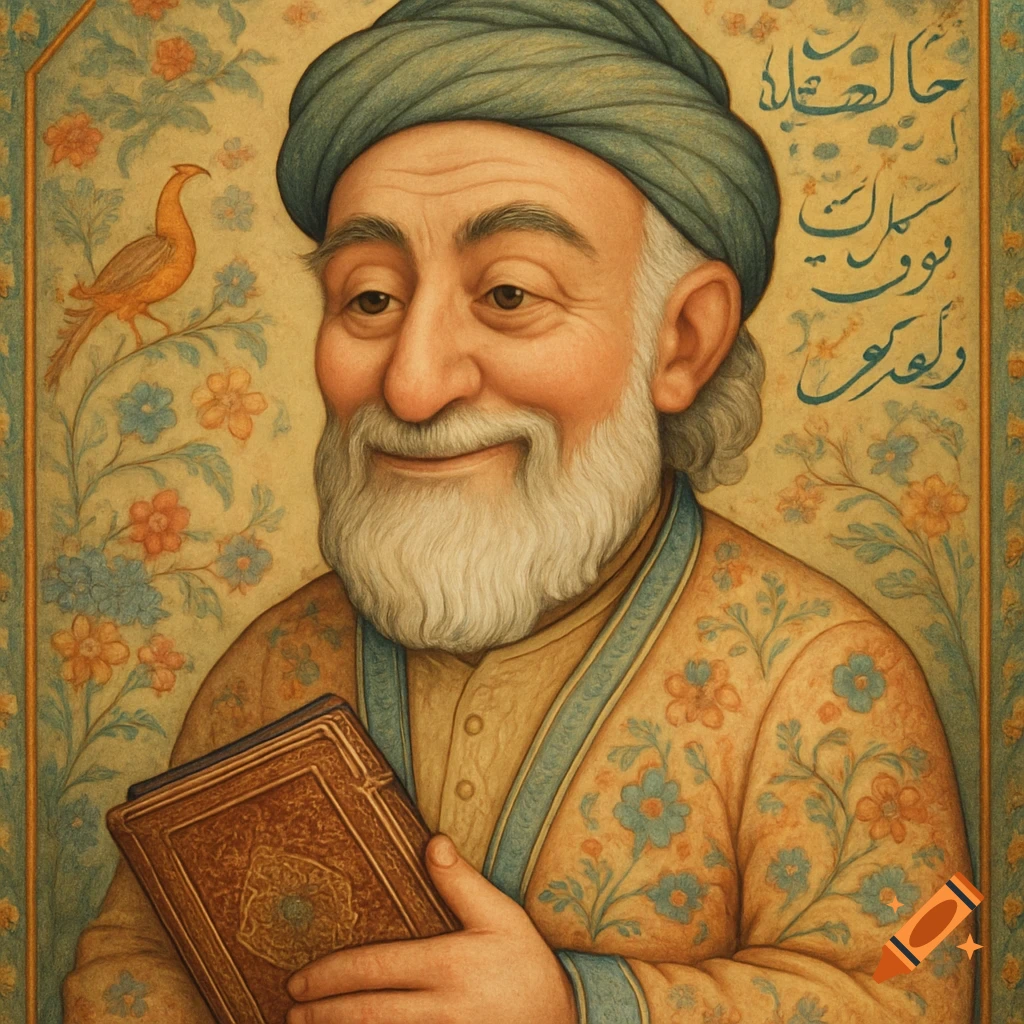 A portrait in miniature painting style of an old Persian man with a white beard and green turban, smiling and holding a patterned book, against a floral background.