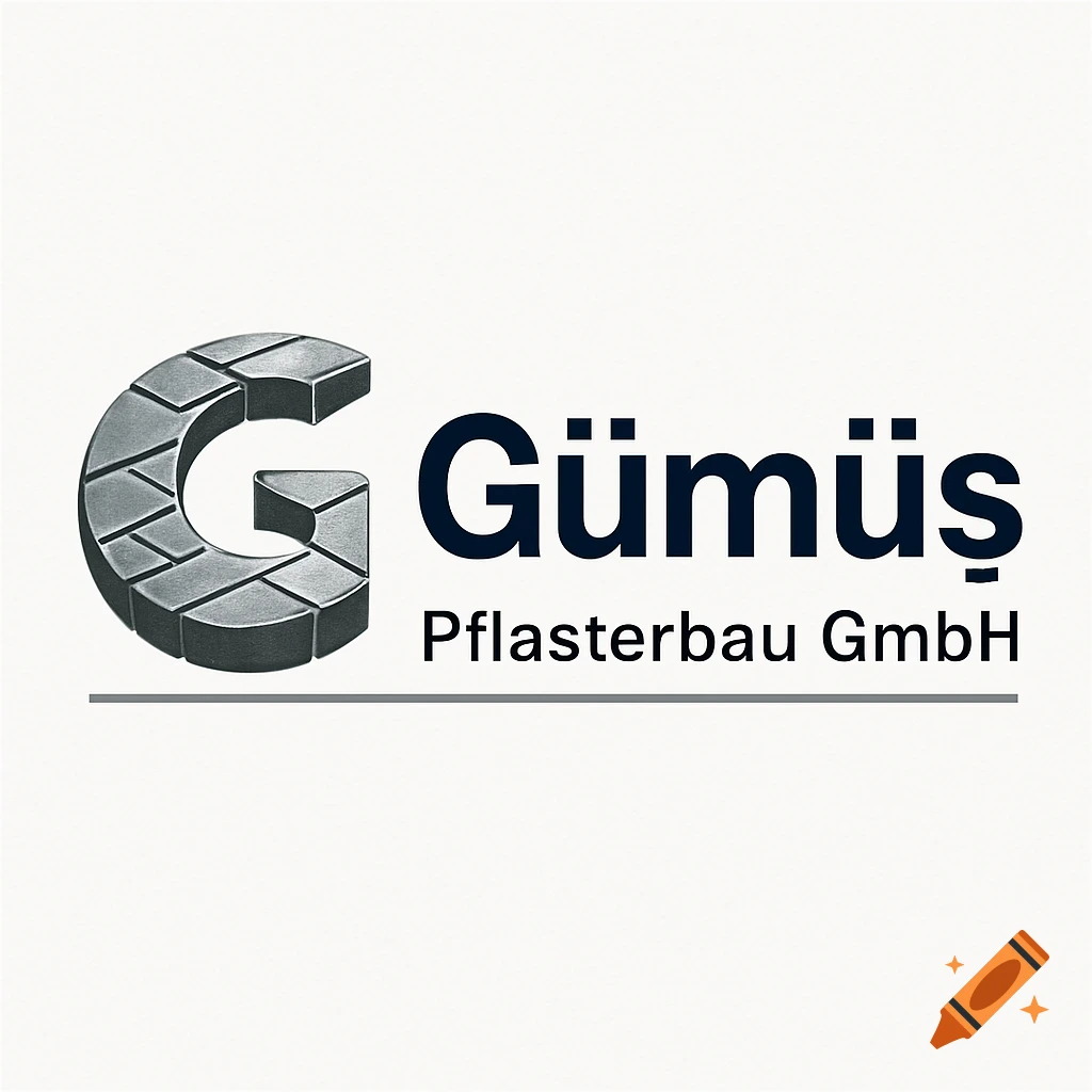 Logo for Gümüş Pflasterbau GmbH, featuring a G-shaped symbol made of paving stones and the company name in text.
