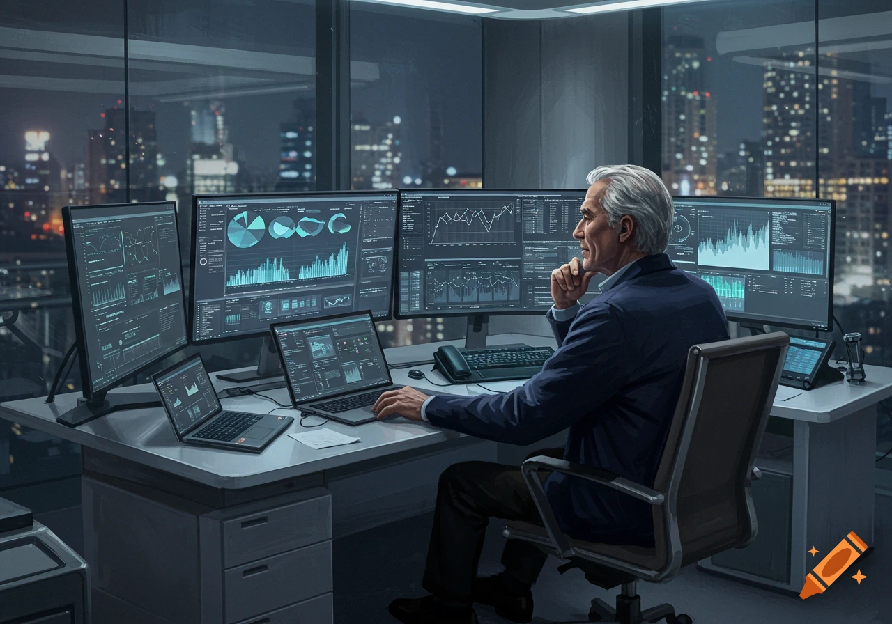 An older man in a suit sits at a desk in a modern office at night, looking at multiple computer monitors displaying data and charts.