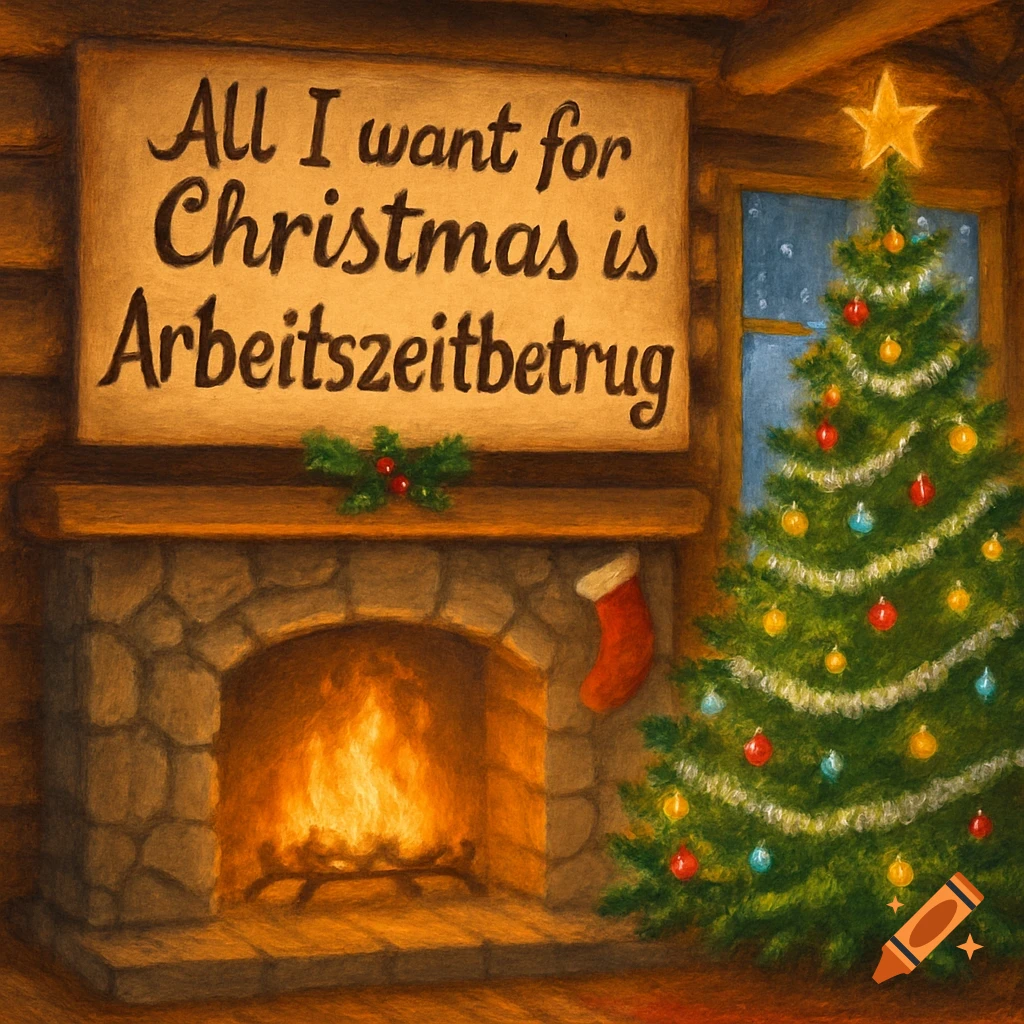 A cozy, painterly Christmas scene with a lit fireplace, a decorated Christmas tree, and a sign above the mantelpiece reading "All I want for Christmas is Arbeitszeitbetrug".