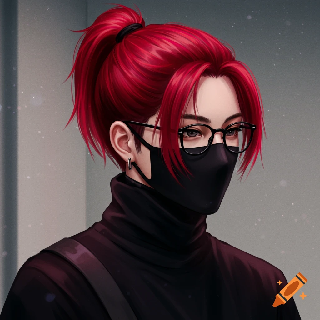 A stylized portrait of a person with red hair in a ponytail, wearing glasses and a black face mask, looking to the right.