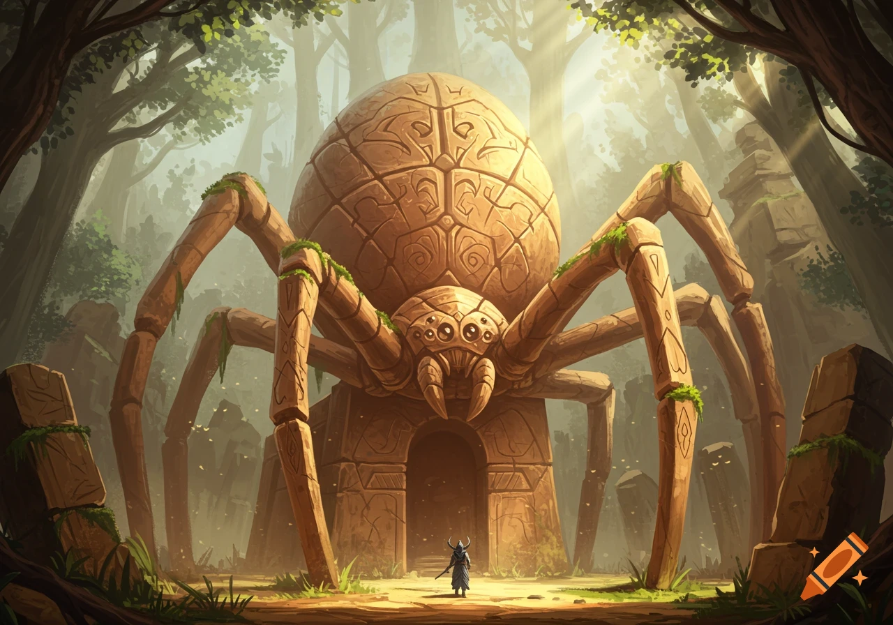 A colossal sandstone spider statue with geometric patterns and moss stands in a misty forest, a small warrior figure at its base.