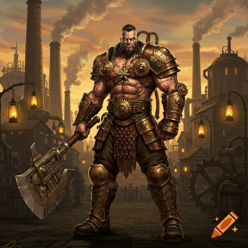 A muscular barbarian warrior in elaborate steampunk armor, holding a large axe, stands in an industrial steampunk city.