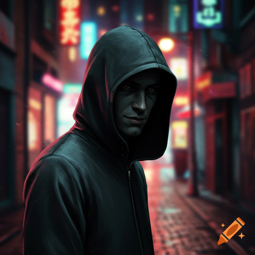 A mysterious person in a dark hoodie with glowing red eyes stands in a neon-lit urban alley at night.