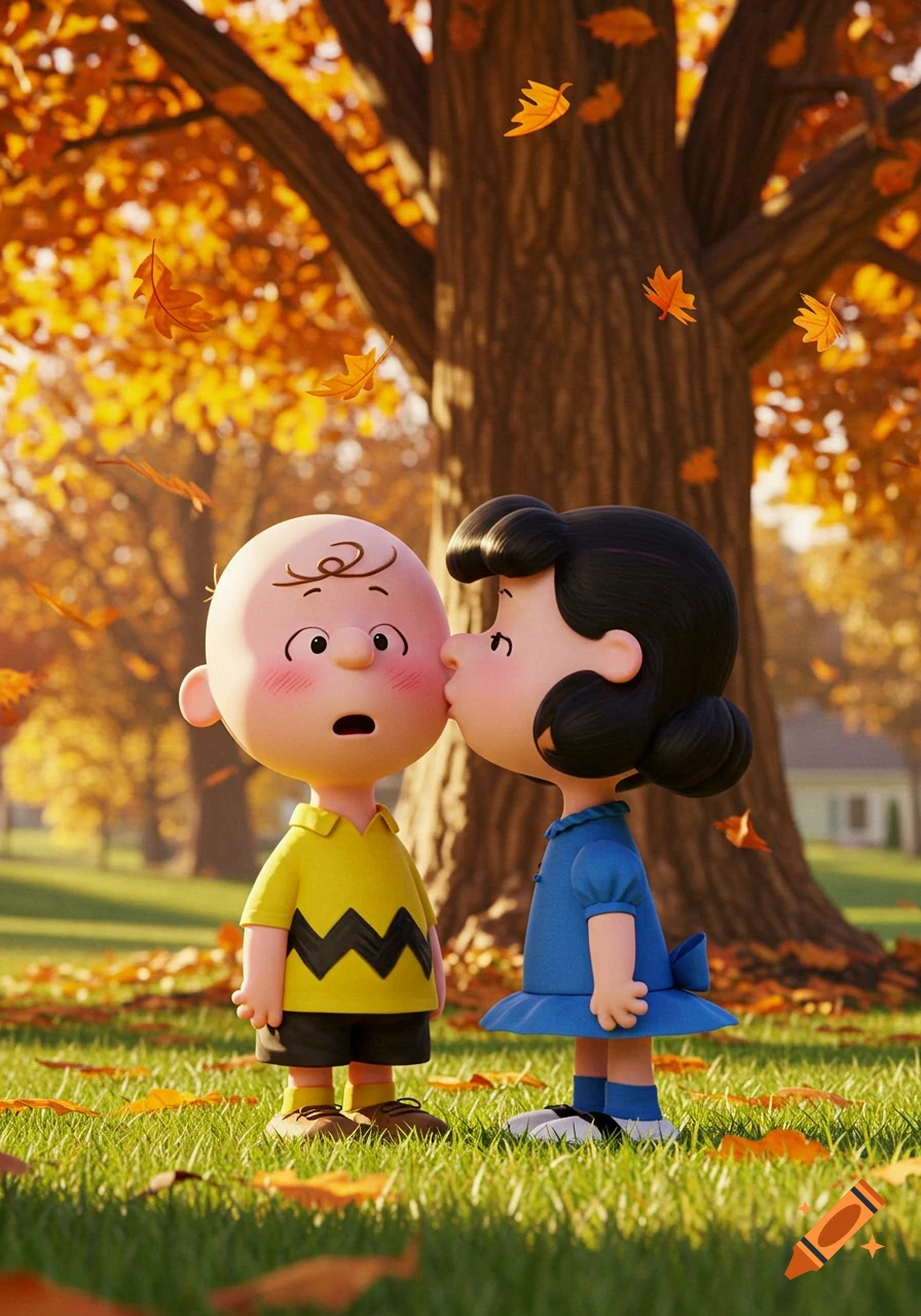 Lucy Van Pelt kisses Charlie Brown on the cheek in an autumn park with falling leaves, 3D animated style.