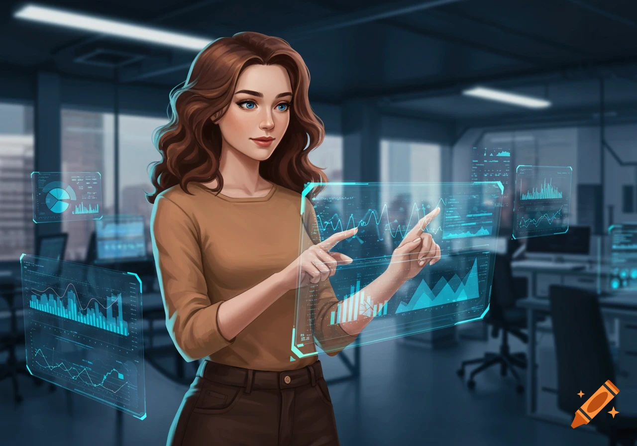 A young woman with brown hair and blue eyes interacts with multiple translucent blue holographic data screens in a modern office, stylized digital painting.