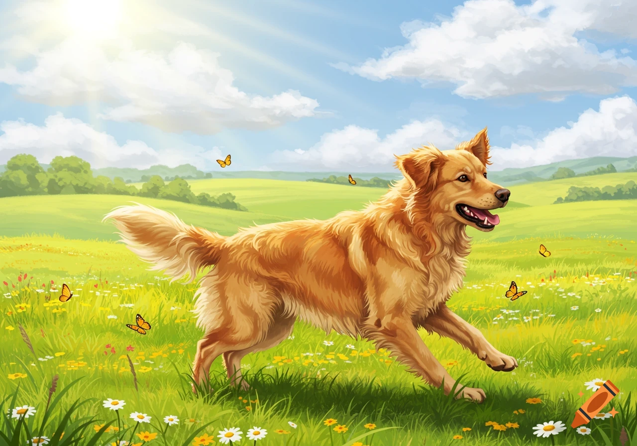 A golden dog runs through a sunny green field filled with flowers and butterflies, in a vibrant illustration style.