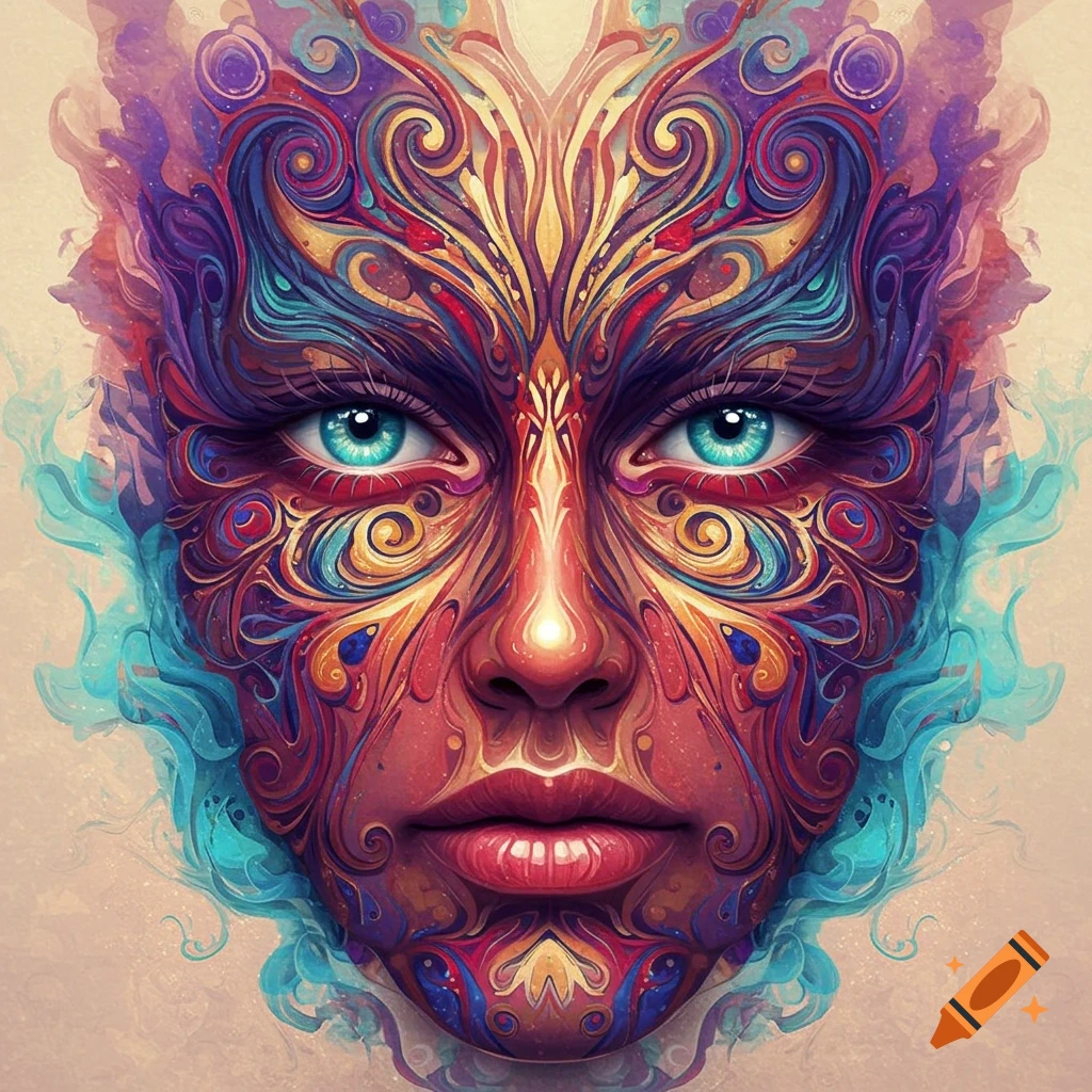 A vibrant, symmetrical face covered in intricate, swirling psychedelic patterns of blue, purple, red, and gold, featuring striking blue eyes.