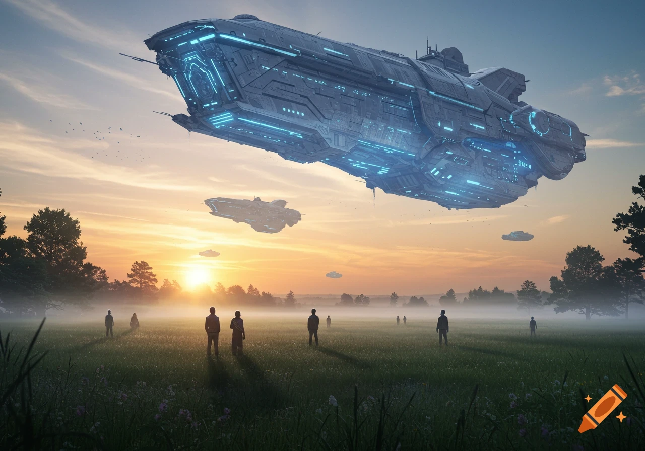 Large futuristic spaceships hover over a misty green field at sunset, with silhouetted figures looking up.