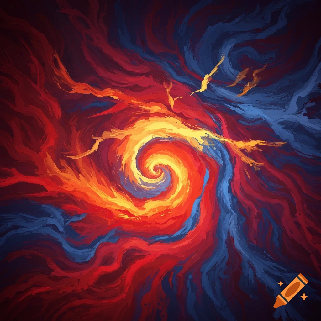 An abstract painting features a central swirling vortex of bright yellow and orange, surrounded by expressive brushstrokes of red and blue.