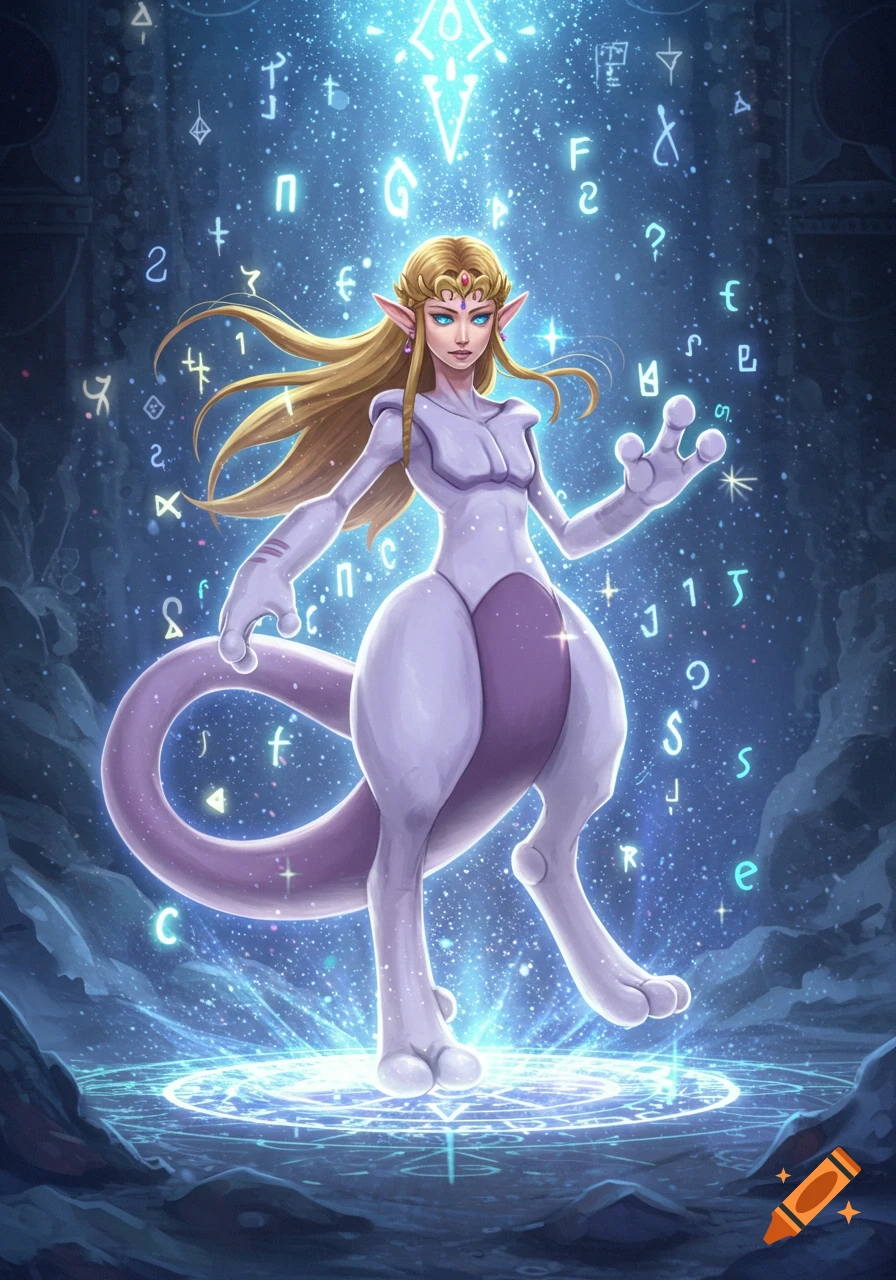 Princess Zelda with Mewtwo's body stands on a glowing magic circle, surrounded by floating arcane symbols.