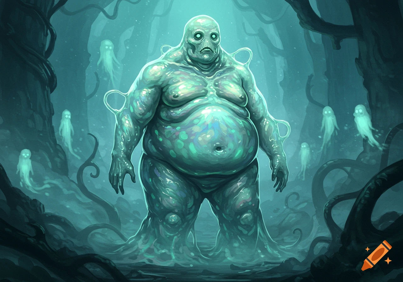 A large, pale green, translucent, fat humanoid creature with a mournful face stands in a swampy, misty forest with small ghost-like figures.