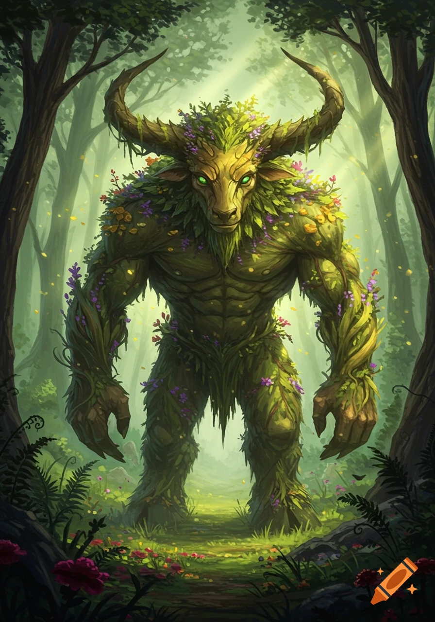 A large, muscular plant minotaur covered in green leaves and purple flowers stands in a lush, sunlit forest.