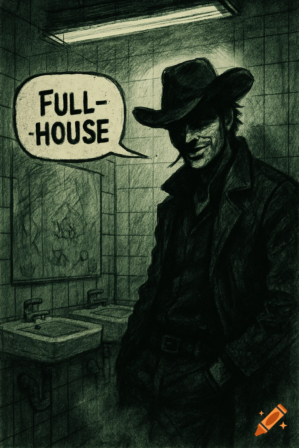 A sketchy man in a cowboy hat smiles ominously in a dark public bathroom, with a speech bubble saying "FULL-HOUSE".