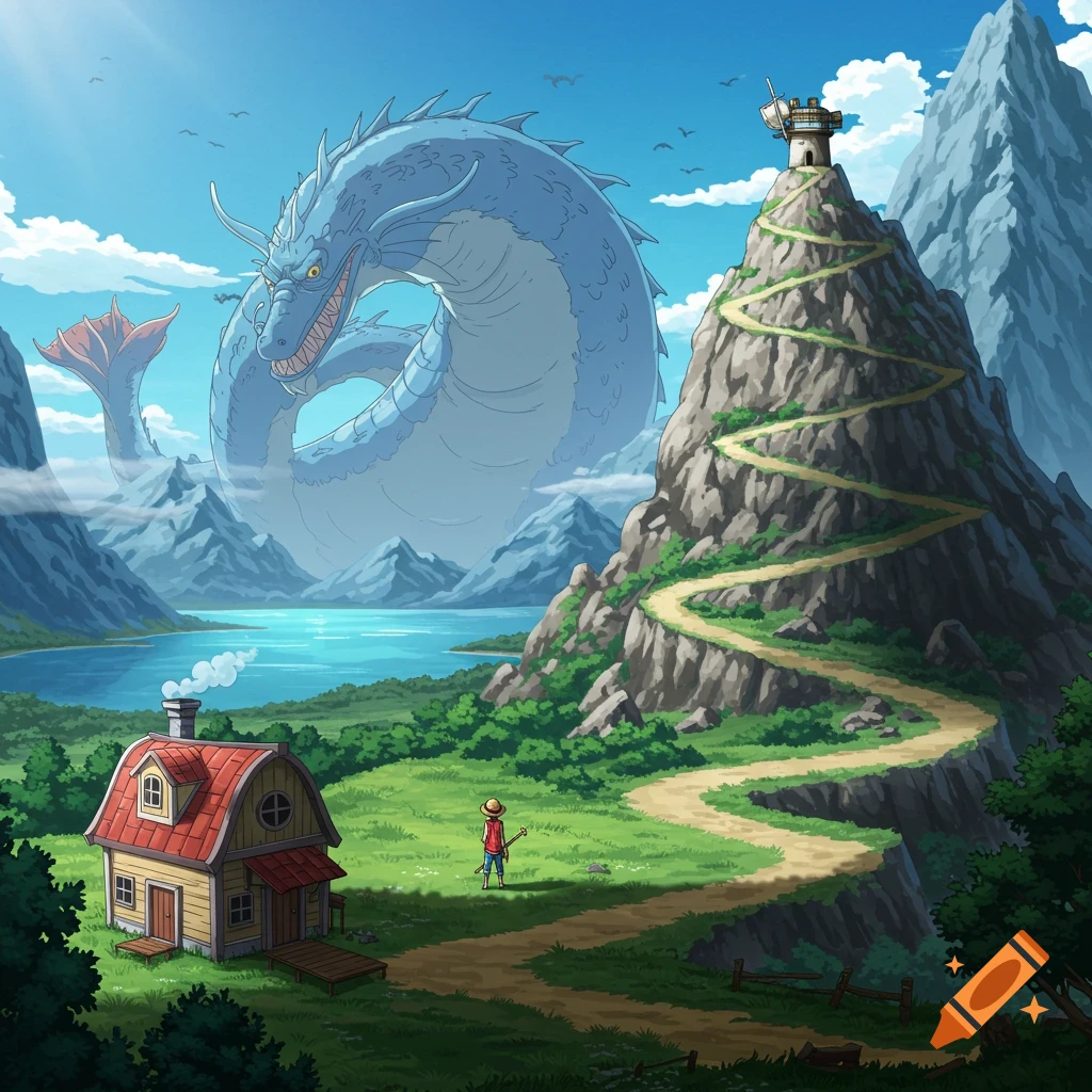 Anime landscape: a giant blue dragon looms over mountains and a lake, a small house sits by a winding path up a tower-topped mountain.