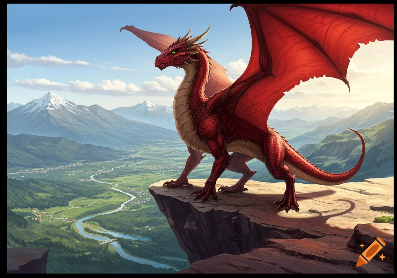 A dark red wyvern with green eyes stands on a sunny cliff overlooking a vast mountain valley with a river and towns.