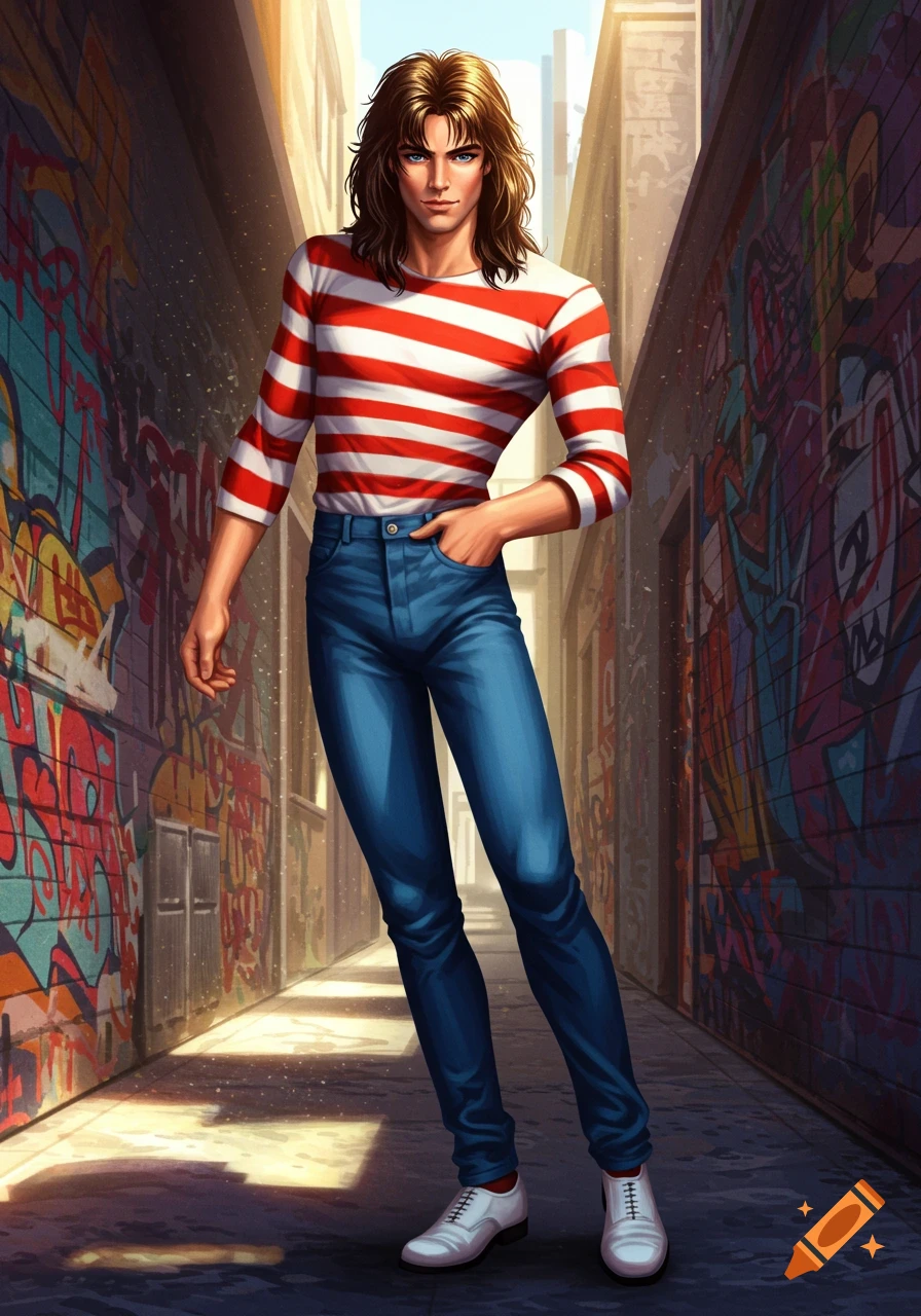 A full-body anime-style illustration of a man with long brown hair, wearing a red and white striped shirt, blue jeans, and white shoes, standing in a graffiti-covered alley.