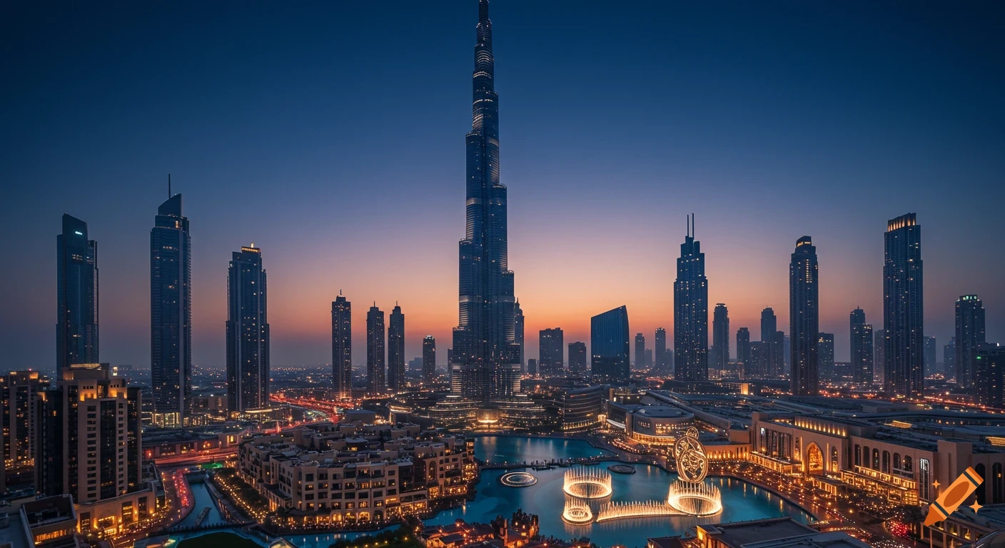 Dubai cityscape at dusk, featuring the illuminated Burj Khalifa skyscraper, modern buildings, and a glowing waterfront.