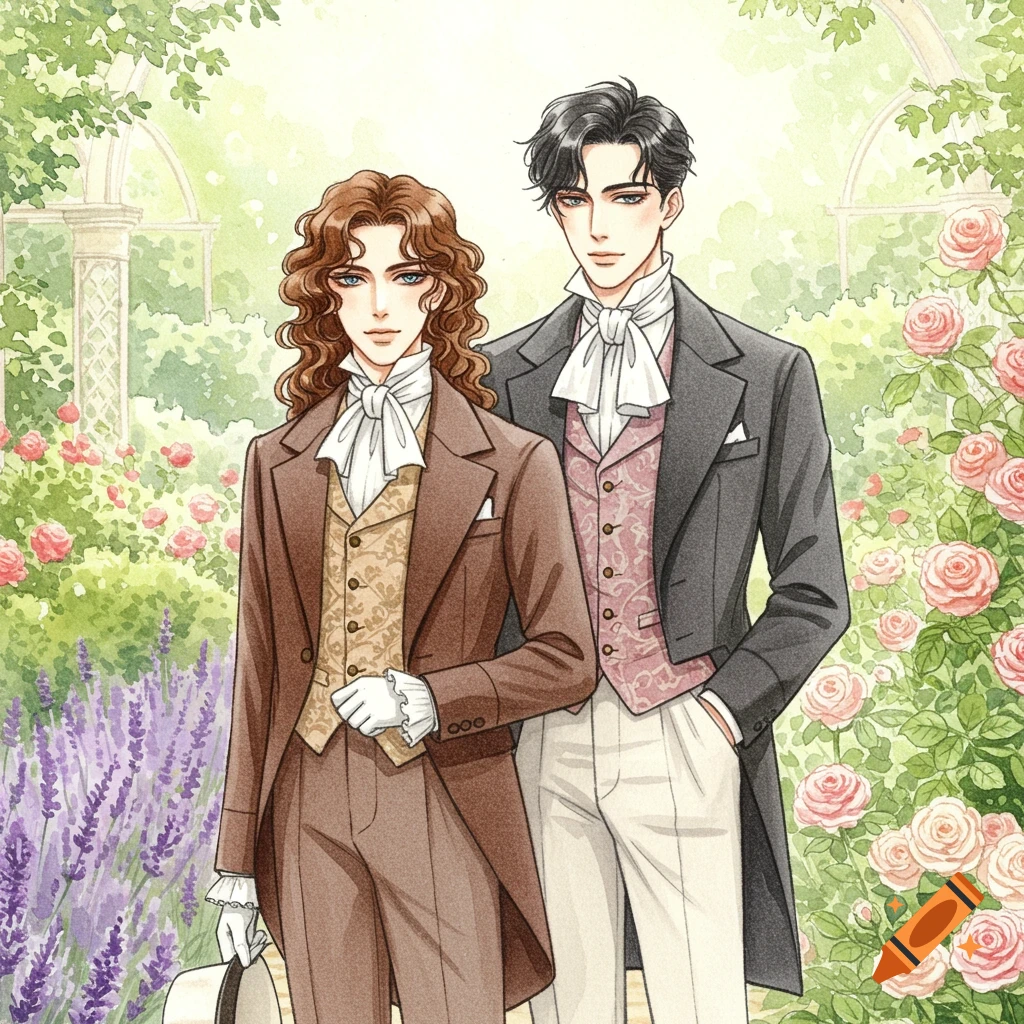 Two men in Edwardian suits with one having curly brown hair and the other neat black hair, standing in a rose garden in watercolor shoujo manga style.