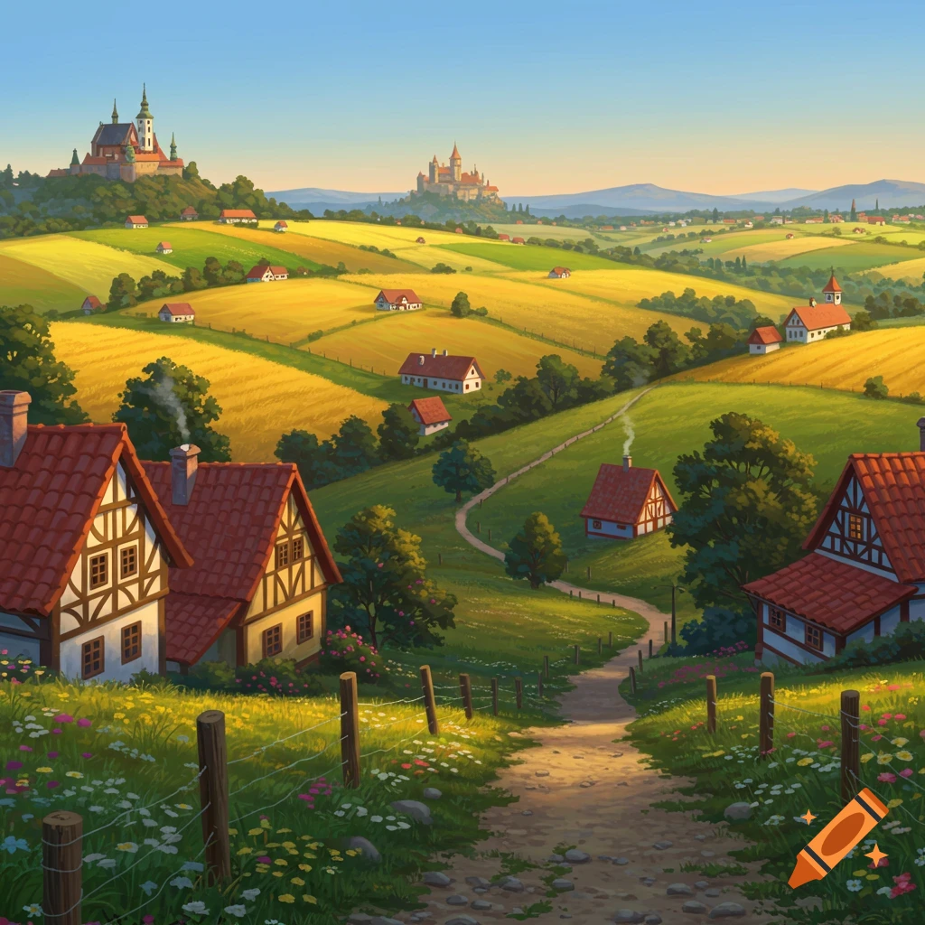 Idyllic illustrated village in a valley with rolling green and golden fields, a winding path, and distant castles under a clear sky.