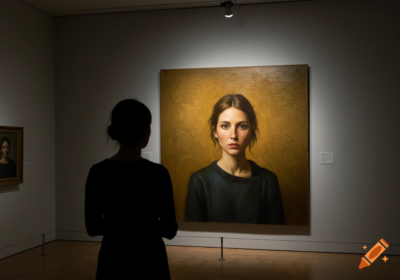 A person views a large, realistic portrait of a woman in a dimly lit art gallery.