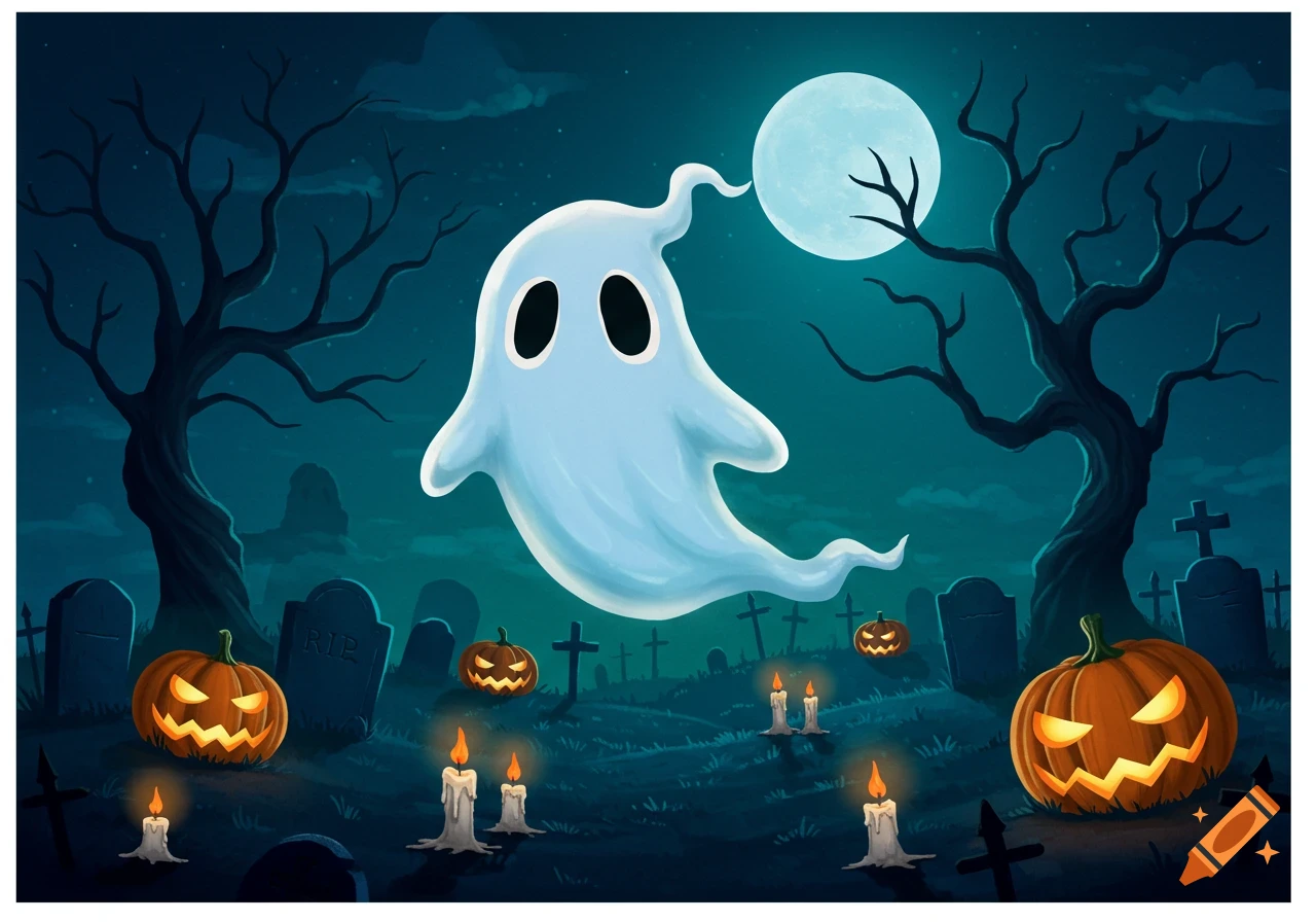 A cartoon ghost floats above a spooky graveyard at night, with jack-o'-lanterns, candles, and twisted bare trees under a full moon.