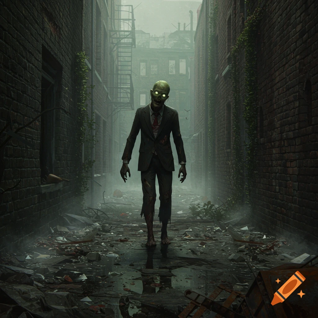 A decaying zombie in a tattered suit with glowing green eyes walks through a dark, debris-filled alley in an abandoned city.