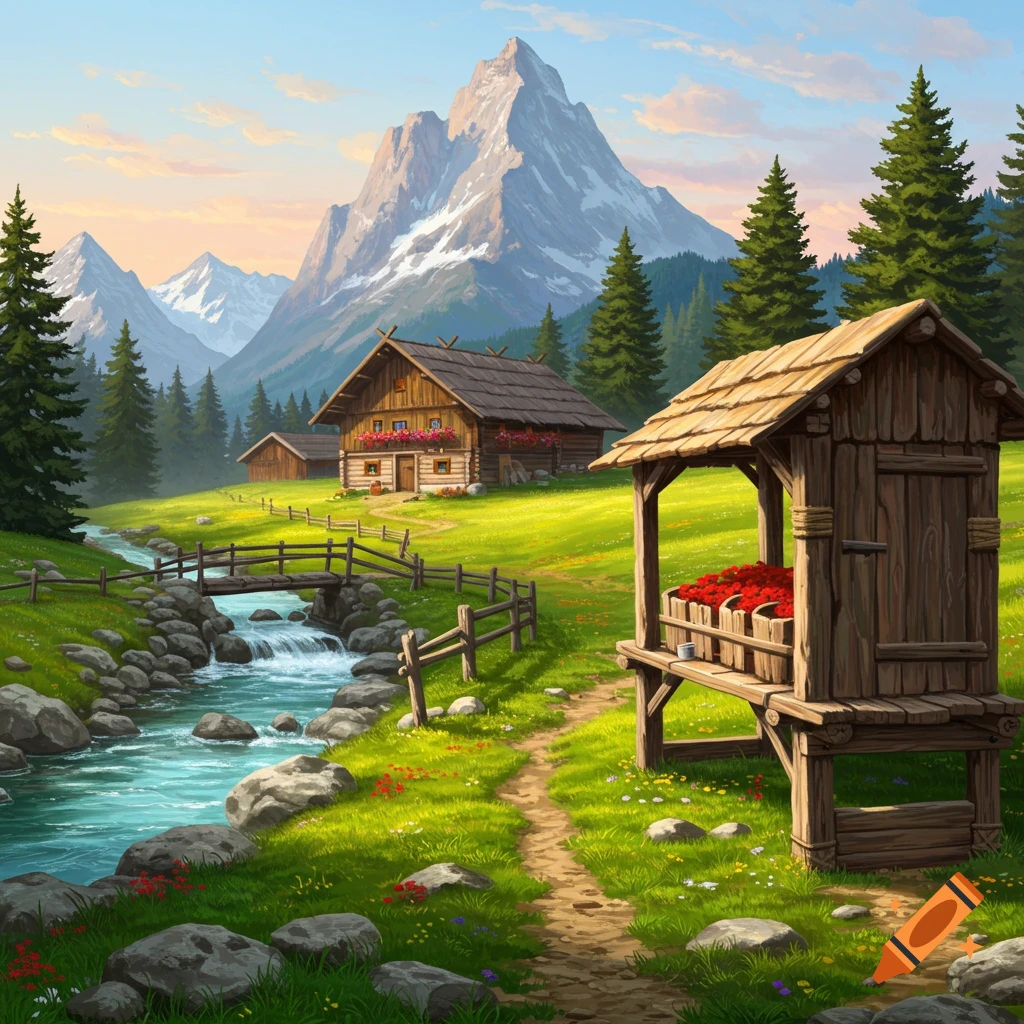 Vibrant illustration of an Alpine landscape with wooden chalets, a flowing stream, green meadows, and towering snow-capped mountains.
