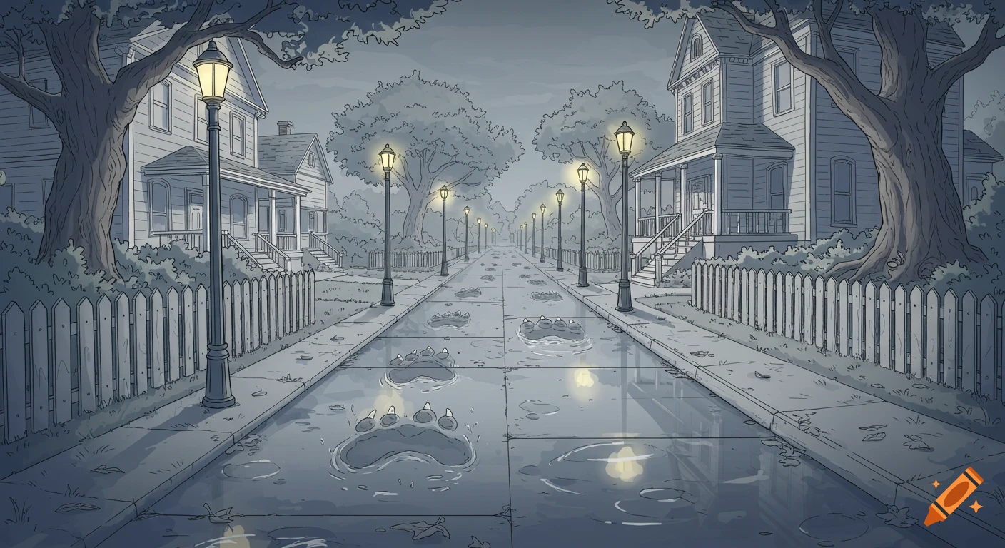 Animation style line drawing of a suburban street at dusk with houses, streetlights, and wet monster footprints on the sidewalk.