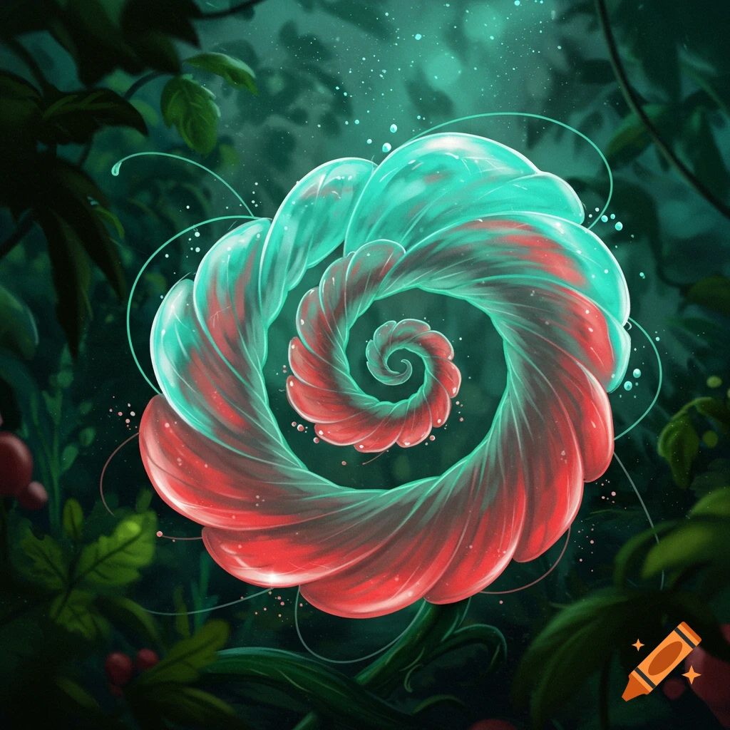A vibrant red and teal translucent flower coils in a spiral, resembling an eel, glowing brightly against a dark, lush forest background.
