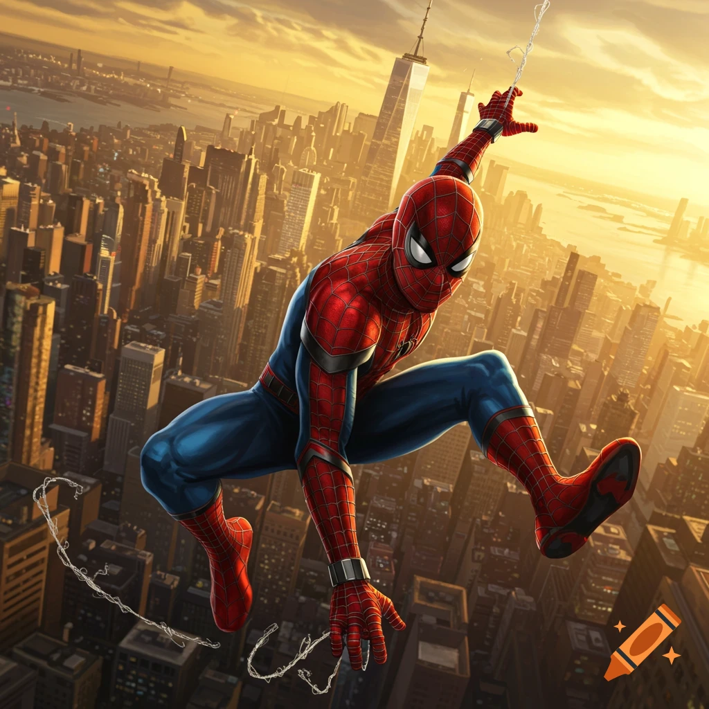 Spider-Man in his classic red and blue suit swings high above a sprawling city at sunset, the skyline bathed in golden light.