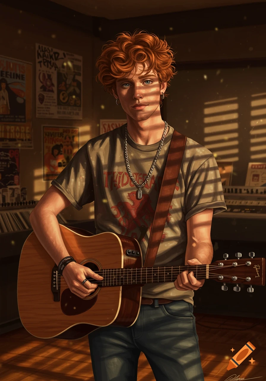 A handsome young man with red curly hair and blue eyes plays an acoustic guitar in a sunlit room filled with music posters, in a digital art style.