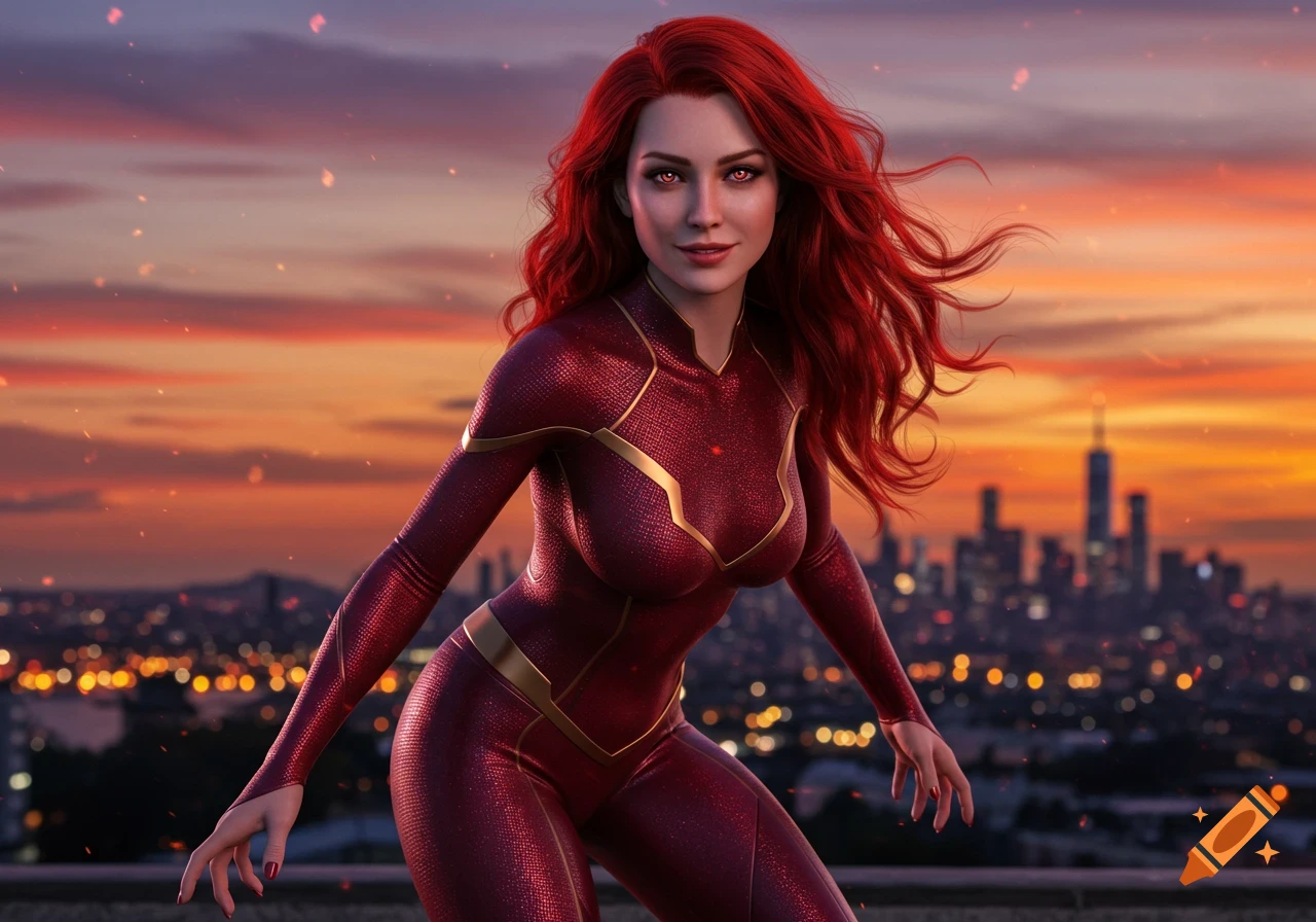 A red-haired superhero woman in a textured red and gold suit poses confidently against a dramatic sunset city skyline.