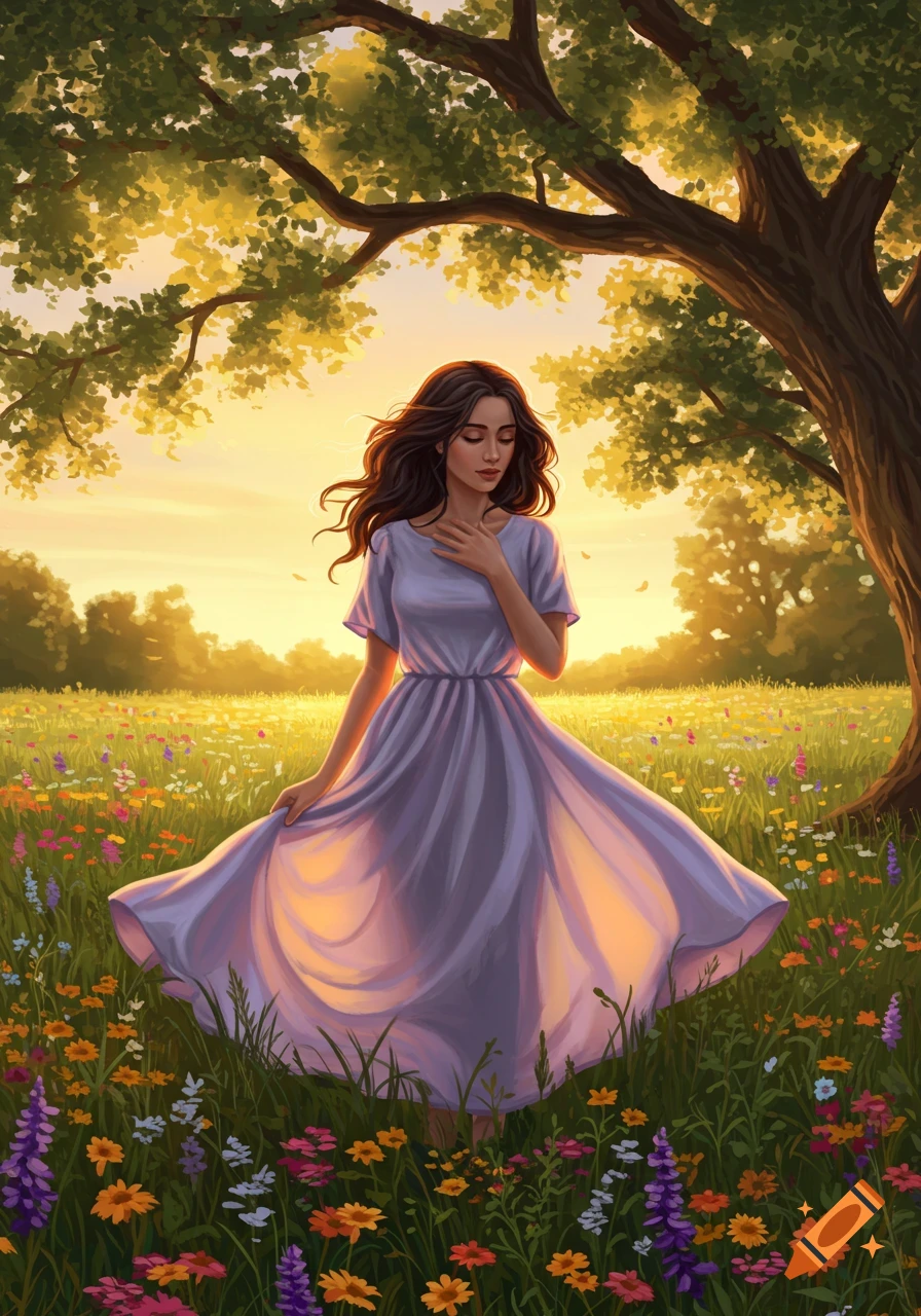A woman in a lilac dress stands peacefully in a vibrant wildflower field at sunset, illuminated by golden light under a large tree.