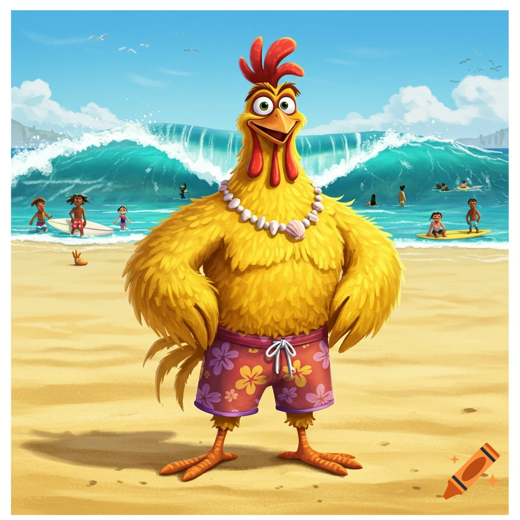 Cartoon yellow chicken in swim trunks and a shell necklace stands on a sunny beach, with people surfing in the ocean behind it.