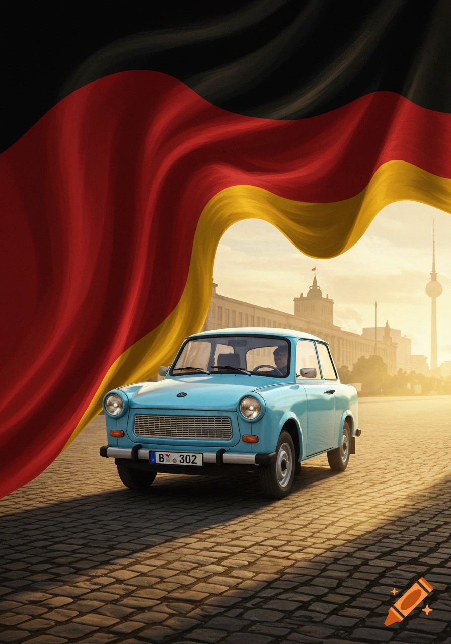 A light blue Trabant car sits on a cobbled street, backed by a flowing German flag and a sunlit Berlin cityscape.