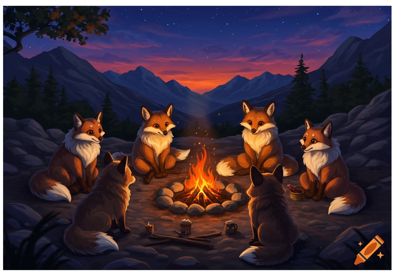Six stylized foxes gather around a cozy campfire in a mountain valley at dusk, with a starry sky above.