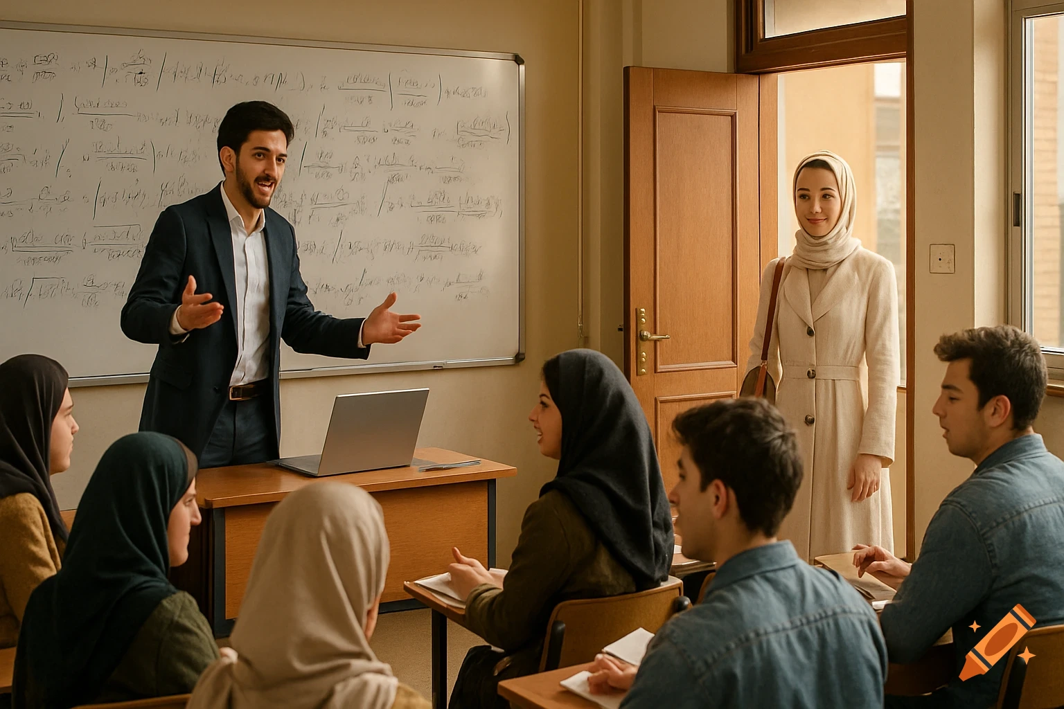 A photorealistic male professor teaches students in a university classroom, with a new female student entering the room.
