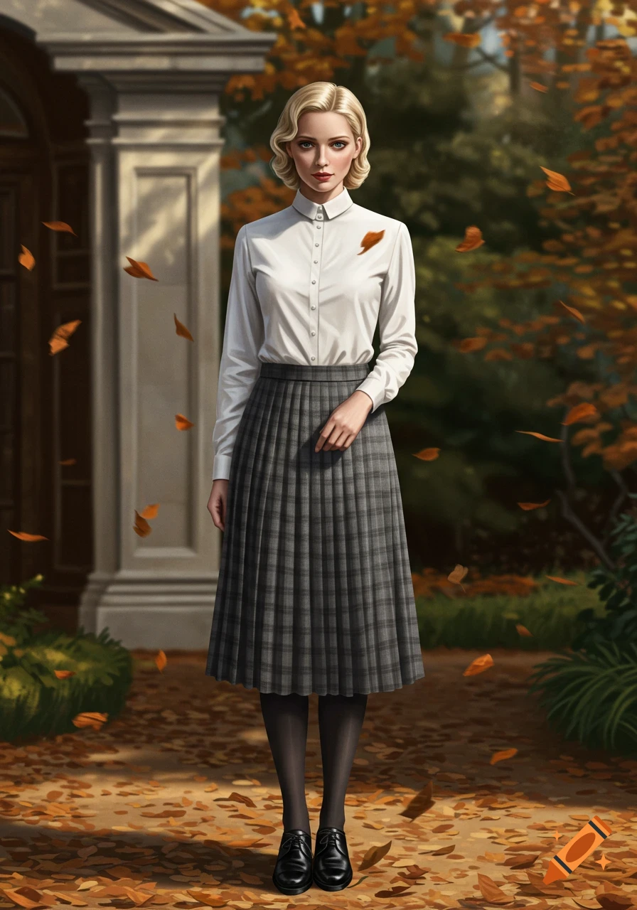 A woman with blonde hair, in a white blouse and pleated gray tartan skirt, stands among falling autumn leaves.