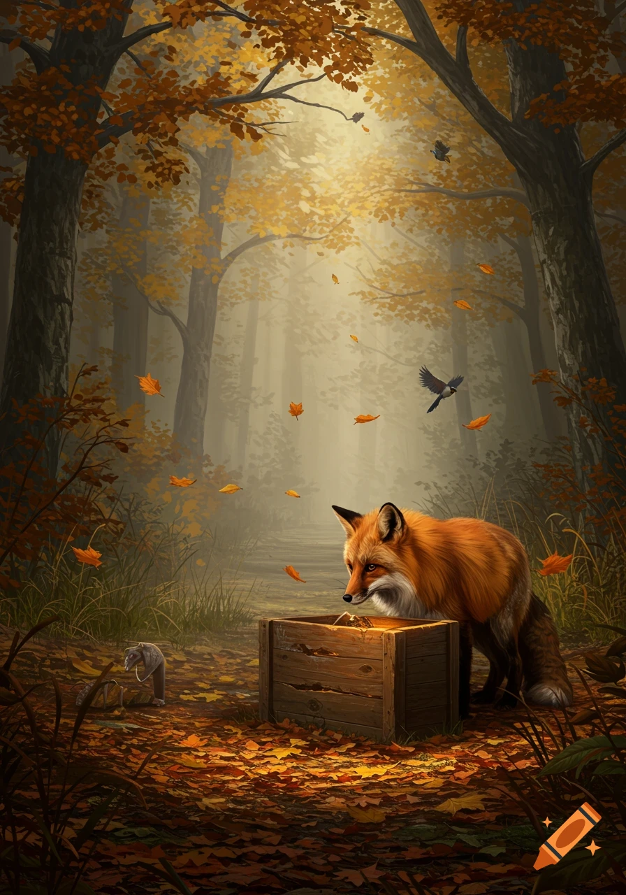 An orange fox peers curiously into a glowing wooden crate on a leaf-strewn forest floor, surrounded by misty autumn trees.